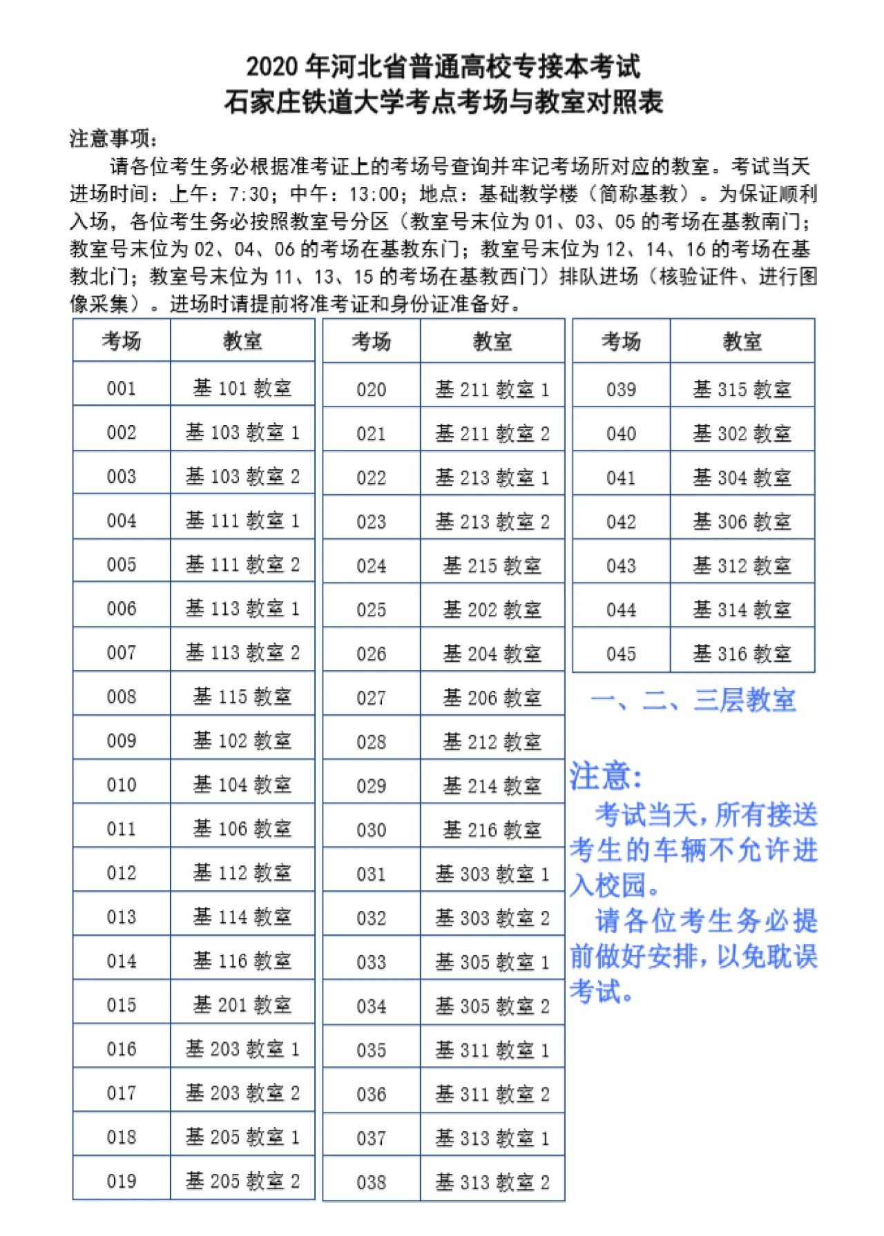 2020河北专接本石家庄铁道大学考场平面图及考场分布表